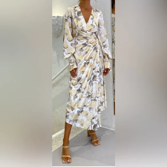 Acler Cream and Gray Floral Long Sleeve Dress